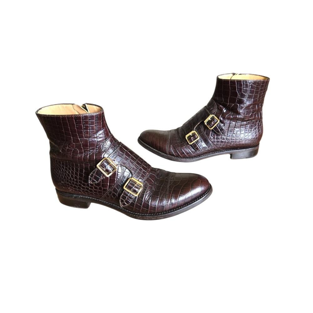 The‎ Office of Angela Scott Mr. Dean Double Strap Croc Embossed Rare Brown Boots
